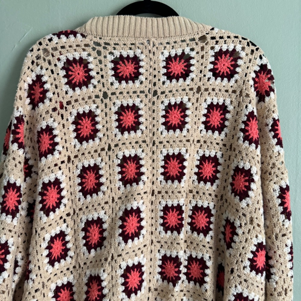 PacSun Womens Large Crochet Granny Square Cardigan Pink Tan Cotton Knit Sweater - Picture 5 of 13